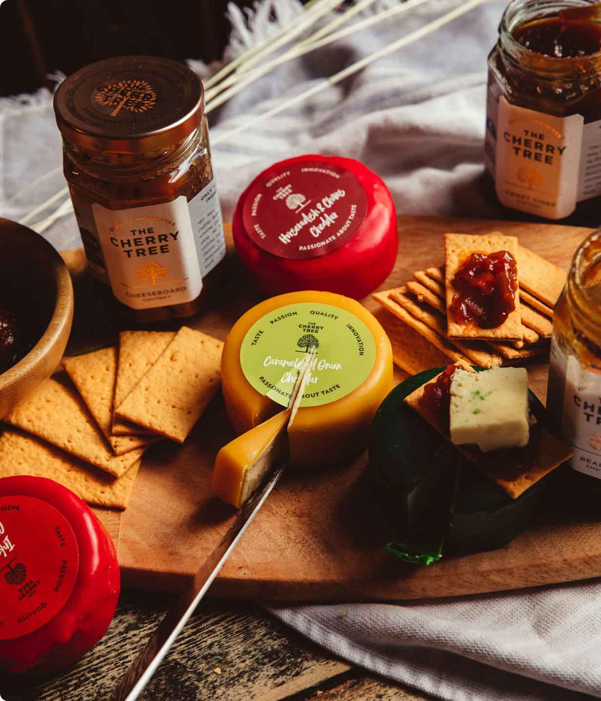 Cheddar, chutneys and crackers ready to share